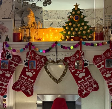Festive dog stockings hung on a festive fireplace, waiting for Santa paws to fill them on Christmas Eve
