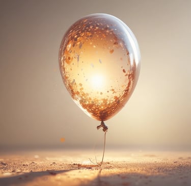A joyful birthday scene featuring a clear balloon basket with candles inside, surrounded by happy faces and festive decorations.