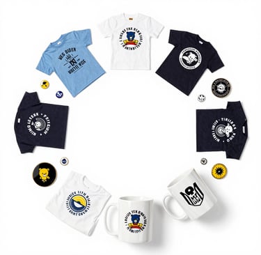 Official SATCconnia band merchandise including t-shirts and guitar picks displayed on a dark backdrop.