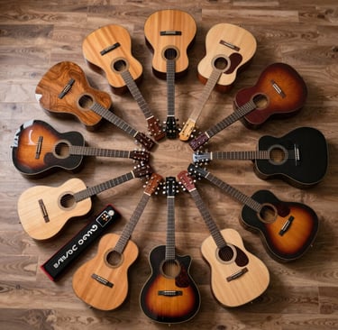 Close-up of guitar strings, capos, and cables arranged neatly on a wooden table with warm lighting.