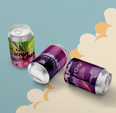 3 Horizon Beverage tea cans on a multicoloured background