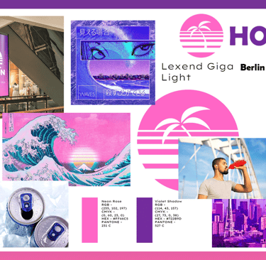 Pink and purple branding moodboard for Horizon Beverages 