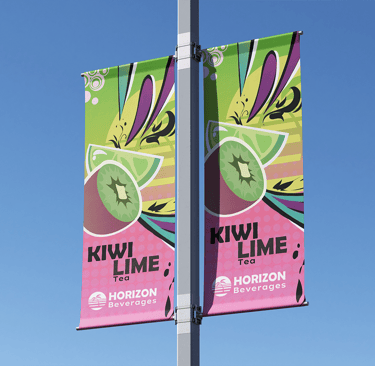 2 banners on a pole promoting Horizon Beverages kiwi lime tea
