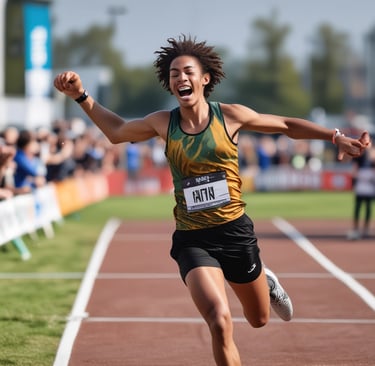 Runner crossing the finish line with arms raised in victory during a local race.