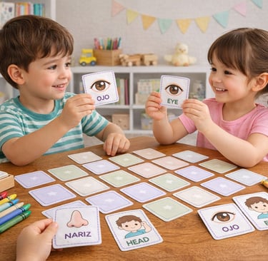 Niños jugando un memorama educativo bilingüe para aprender las partes del cuerpo en inglés