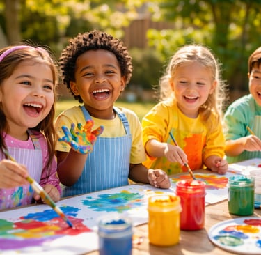 Niños jugando con pintura en un ambiente agradable  