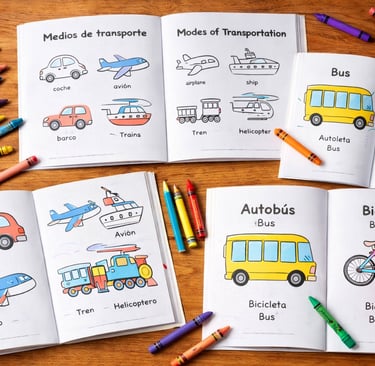 Libros para colorear bilingües de medios de transporte en inglés y español, con crayones sobre una m
