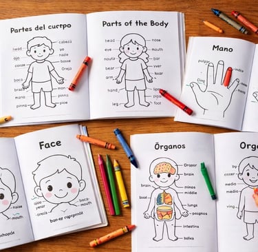 Libros para colorear bilingües sobre las partes del cuerpo para niños