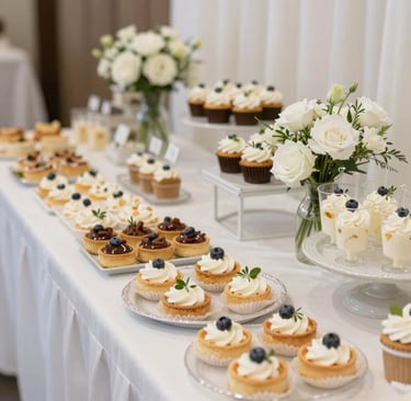 A beautifully arranged wedding buffet featuring colorful Middle Eastern dishes like stuffed grape leaves and vibrant salads.