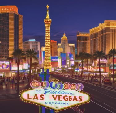 A small business storefront in Las Vegas with a glowing sign showing 'AI Powered Support'.