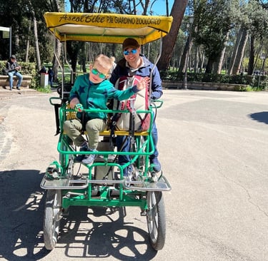 Family getting a tandem bike in Rome Italy