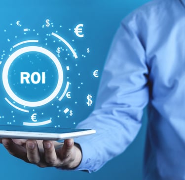Businessman holding a tablet with a digital ROI interface showing currency symbols for return on investment.