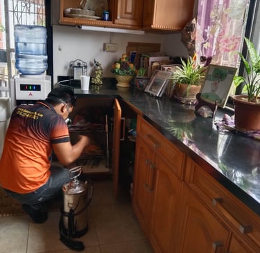 Jansen pest control technician spraying cabinets for ants and cockroaches using a hand sprayer.