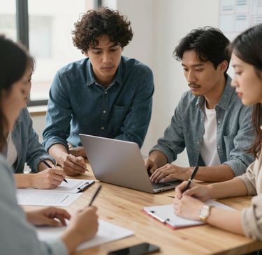 A team celebrating a successful project completion with high-fives and smiles.