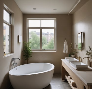 A sleek modern bathroom featuring a glass shower screen and elegant wash basin under soft lighting.