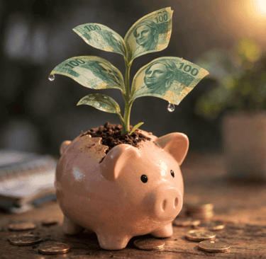 Planta de dinheiro nascendo de um cofre de porquinho simbolizando poupança e crescimento financeiro.