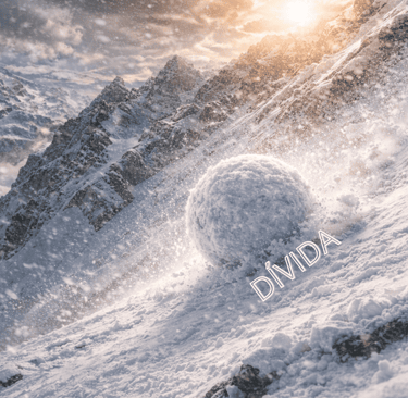 Bola de neve representando as dívidas descendo uma montanha descontrolada.