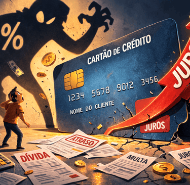 Pessoa assustada diante de um cartão de crédito gigante com juros subindo exponencialmente.