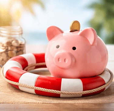Cofrinho com boia salva-vidas simbolizando reserva de emergência e segurança financeira.