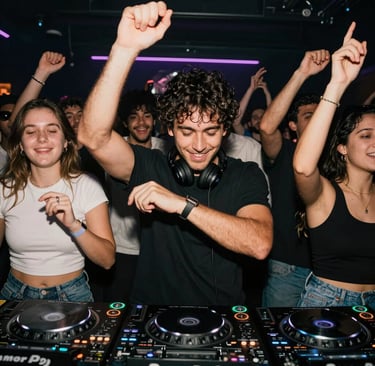 Close-up of DJ Deedollar mixing tracks on turntables with gold accents glowing in a dark room