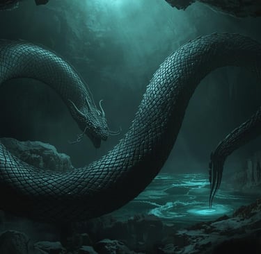 Rappresentazione mitologica di Vritra nascosto sotto la crosta del mondo, corpo serpentiformE