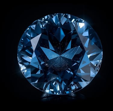 Hope Diamond esposto su fondo scuro, diamante blu profondo, riflessi freddi e inquietanti
