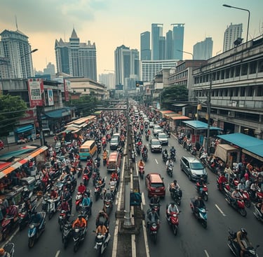 Immagine della città di Giacarta, con strade e scenari fortemente affollati