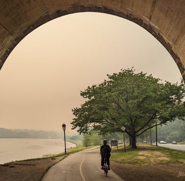 Cyclist faces a yellow haze along a river trail