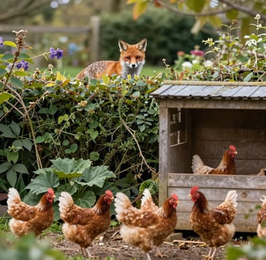photo of a fox watching chickens