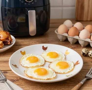 show fried eggs on toast on a plate with little pictures of chickens on it, with an air fryer in