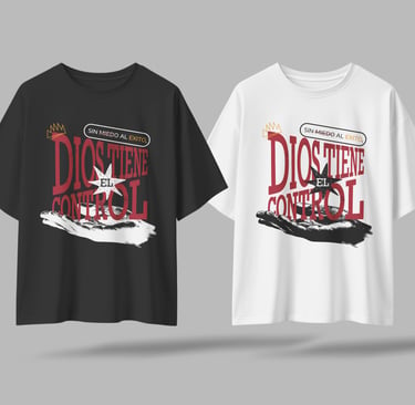 Black and white oversized graphic t-shirts featuring a Dios Tiene El Control religious streetwear design.
