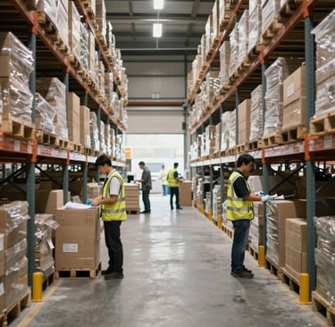 Team members scanning and sorting LTL shipments in a bright, clean fulfillment area