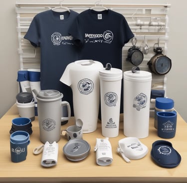 A vibrant display of customized mugs, t-shirts, and engraved keychains arranged on a modern wooden table.