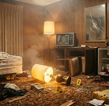Destroyed hotel room showing the aftermath of a high-profile pop culture event.