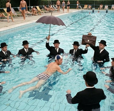 A satirical scene from Cash, Chords & Chaos observing power, incentives, and absurd behaviour inside