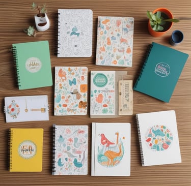 A colorful collection of themed notebooks displayed on a wooden table with decorative items around.