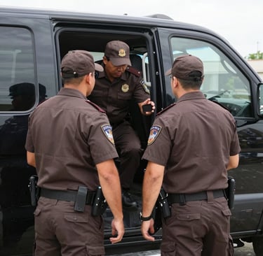 Close-up of a luxury security patrol car with branding, parked near an office entrance