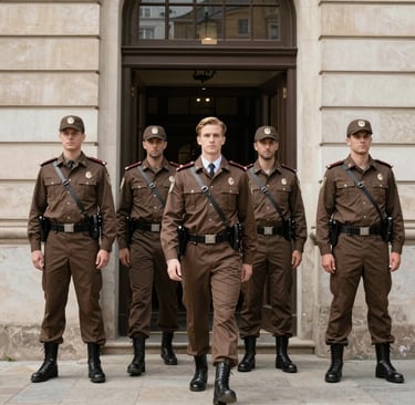 Night view of a security guard conducting a patrol with a flashlight and communication device