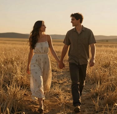 An authentic, sun-drenched portrait of a couple holding hands while walking through a North American / US golden-hour field. The lighting is cinematic and warm, featuring soft sand hues and deep charcoal shadows for a storytelling feel.