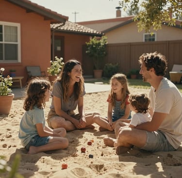 A candid, cinematic photo of a family laughing together in a sun-drenched North American / US backyard. The scene is filled with soft sand light and warm terracotta tones in the outdoor decor, captured in a warm and authentic style.