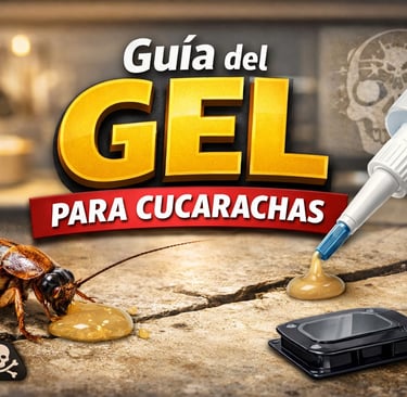 Guía del gel para cucarachas mostrando la aplicación de cebo insecticida en grietas para control de plagas.