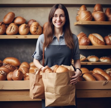 Smiling customer holding a paper bag from Norway Pack outside a cozy local shop.