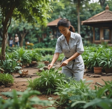 A staff member carefully tending to garden plants beside a villa pathway.