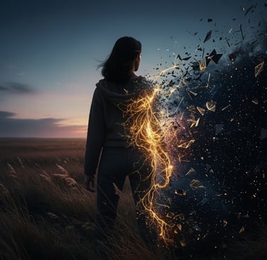 Concept art of Ishara from One Destroyer's Dharma fragmenting into gold energy against a cosmic void