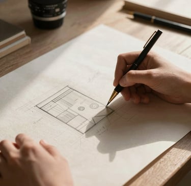 Soft morning light illuminating a quiet Portland workspace, hands sketching layout ideas on textured handmade paper, warm linen tones