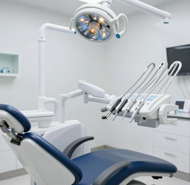 A bright, welcoming dental clinic room bathed in soft teal and dental blue hues, with Dr. Sandesh S Kumar smiling warmly.
