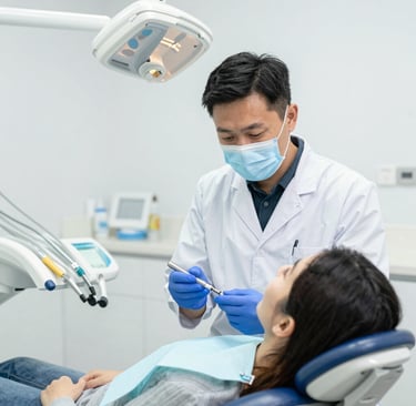 A bright, welcoming dental clinic room with soft teal and dental blue accents.