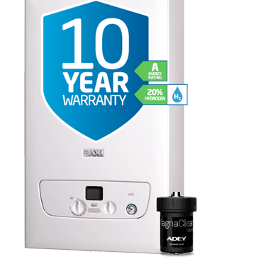 White Baxi 800 combi gas boiler with 10-year warranty badge and MagnaClean magnetic system filter.