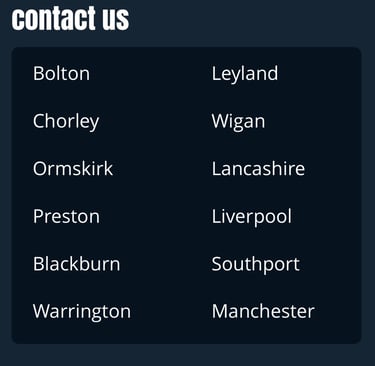 Contact us locations including Bolton, Chorley, Preston, Blackburn, Warrington, Liverpool, and Manchester.
