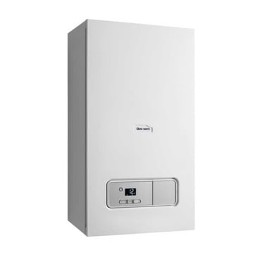 Modern white Glow-worm wall-mounted combi gas boiler with digital temperature display.